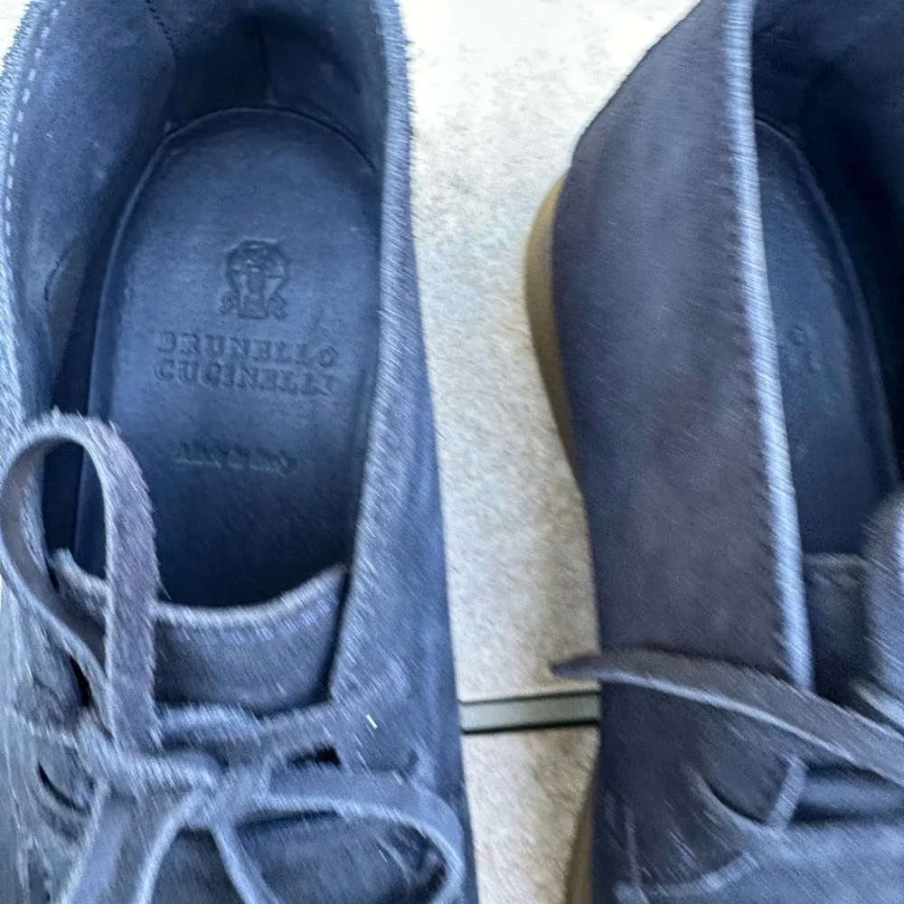 Brunello Cucinelli Navy Suede Chukka Boots with Tan Sole